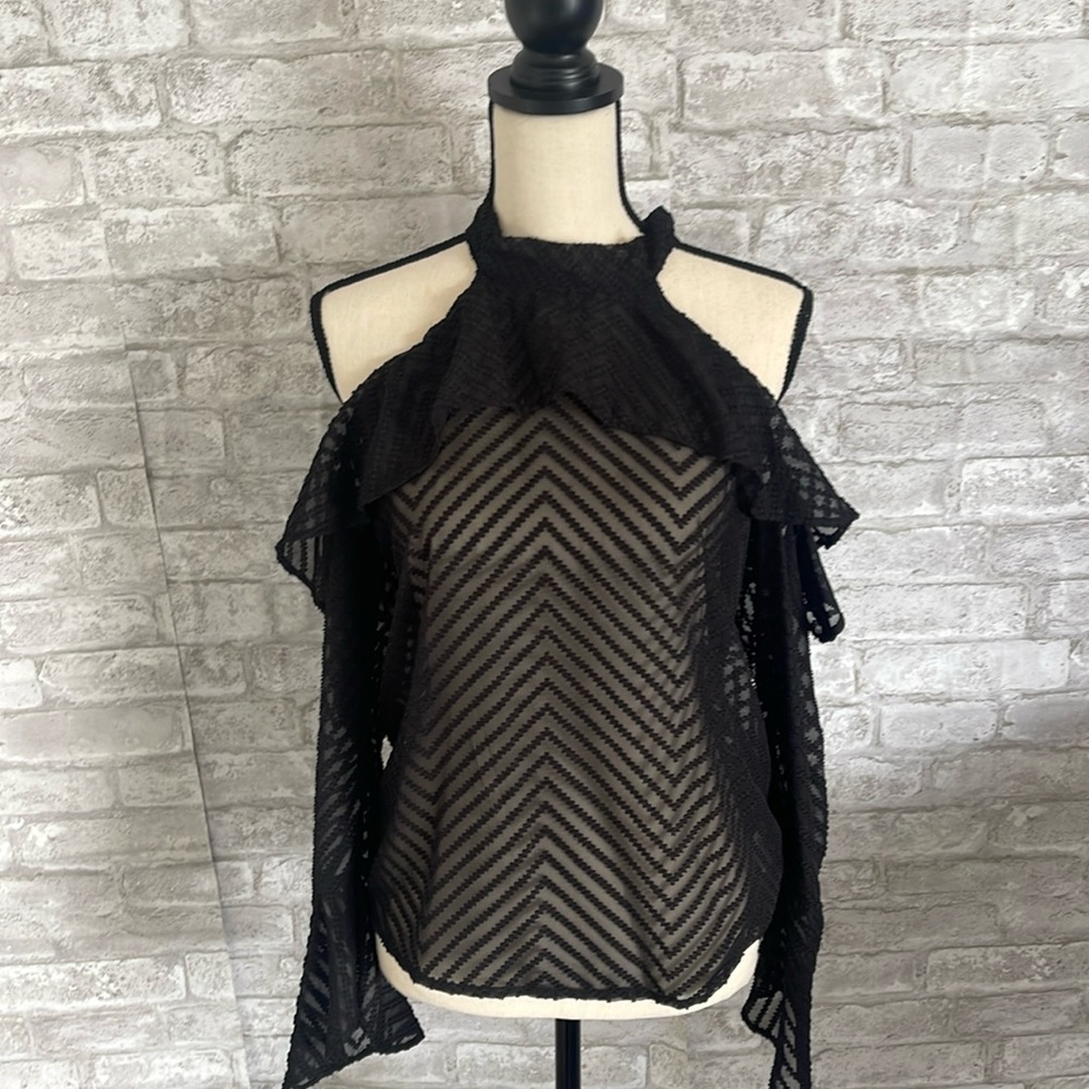 High neck cold shoulder long sleeve sheer blouse Sz Small